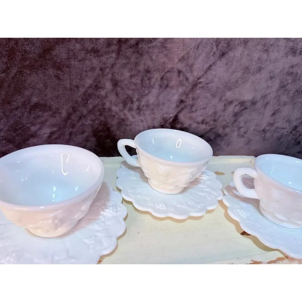 Vintage Milk Glass Teacup & Saucer Set Grapevine Relief Scalloped